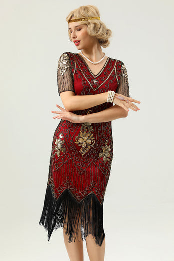 Red and Black Deep V Neck Flapper 1920s Dress