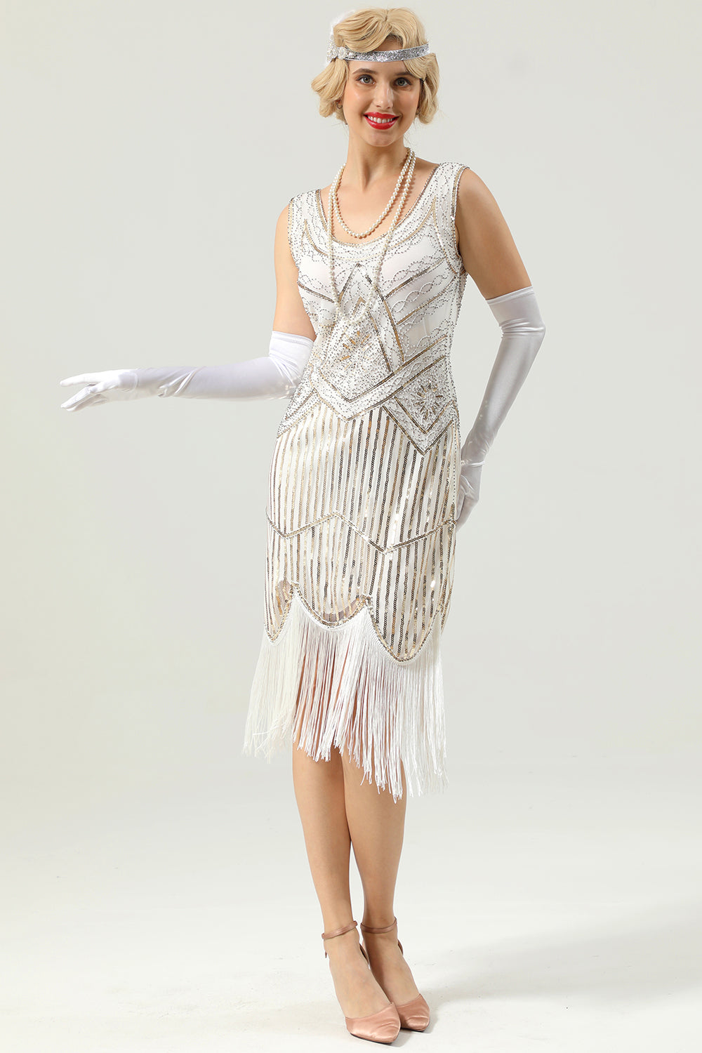 1920 Retro White Sequins Fringe Dress