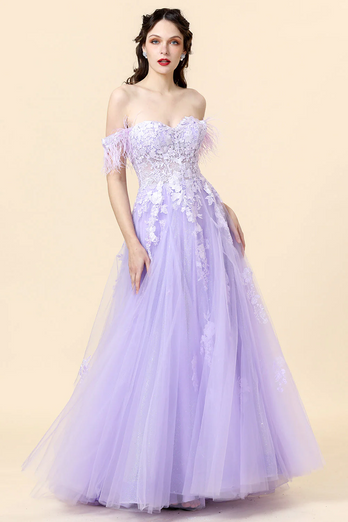 A-Line Spaghetti Straps Long Purple Prom Dress with Appliques