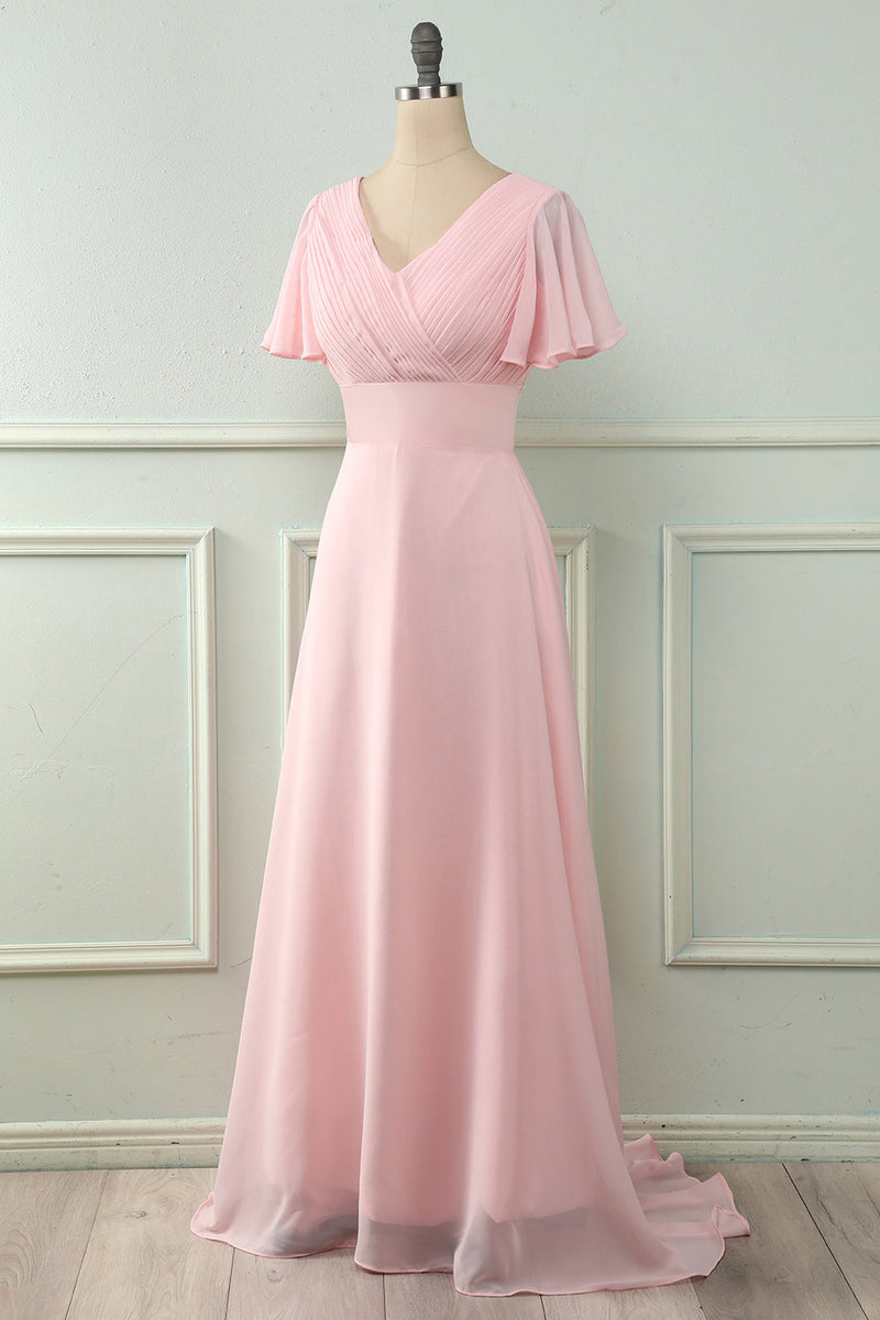 Load image into Gallery viewer, V Neck Pink Bridesmaid Dress with Ruffles