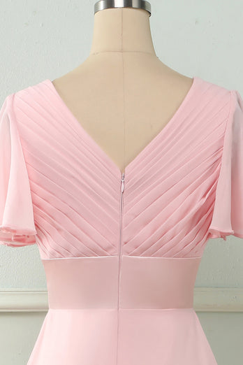 V Neck Pink Bridesmaid Dress with Ruffles