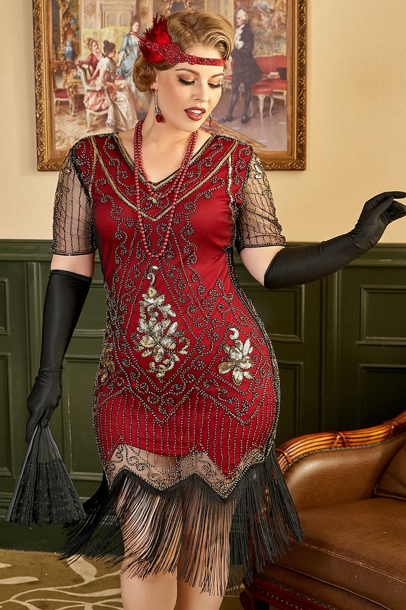 Load image into Gallery viewer, Black Golden Sequins Gatsby Fringed Plus Size 1920s Dress