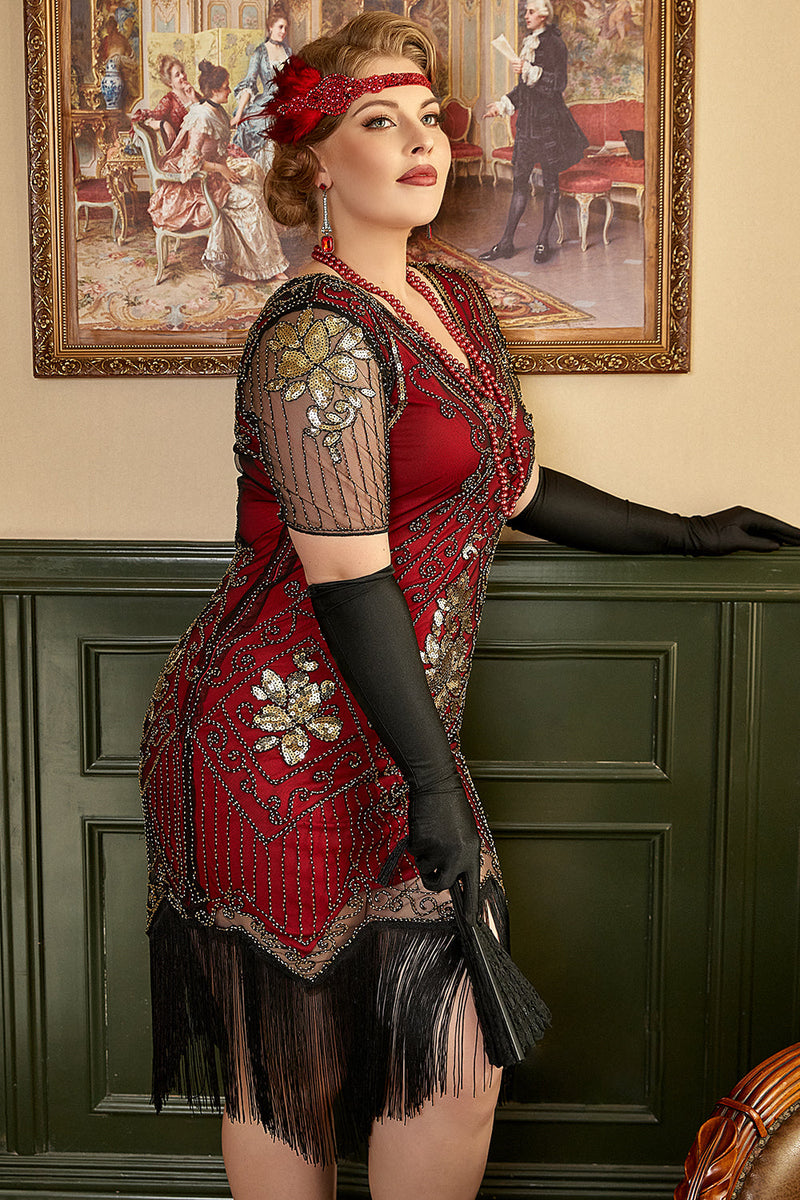 Load image into Gallery viewer, Plus Size 1920s Gatsby Sequin Fringed Paisley Flapper Dress