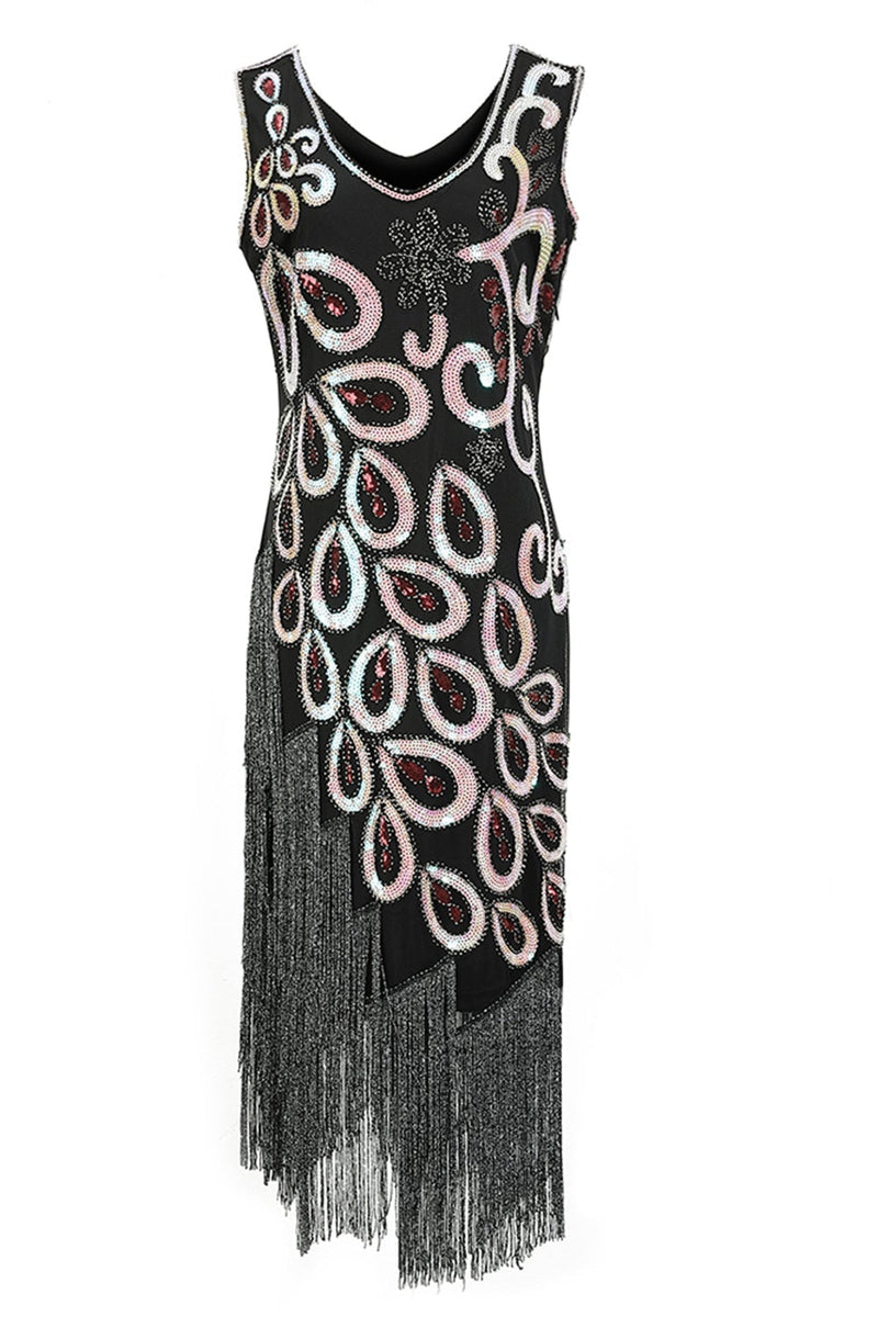 Load image into Gallery viewer, Burgundy Asymmetrical V Neck 1920s Flapper Dress