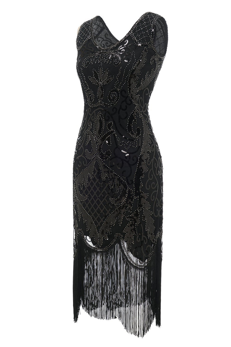 Load image into Gallery viewer, Black V-neck Fringe Sequins 1920s Dress