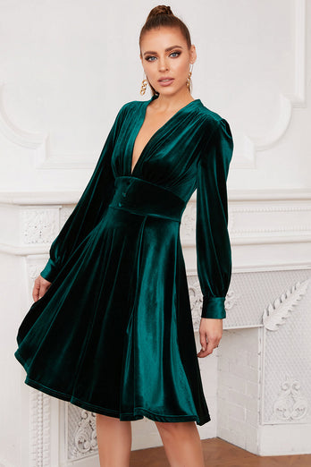 Queendancer Women Dark Green Velvet Dress V Neck Long Sleeves Cocktail Prom Dress queendanceruk