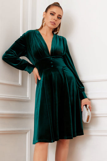 Dark Green Velvet Party Dress With Long Sleeves