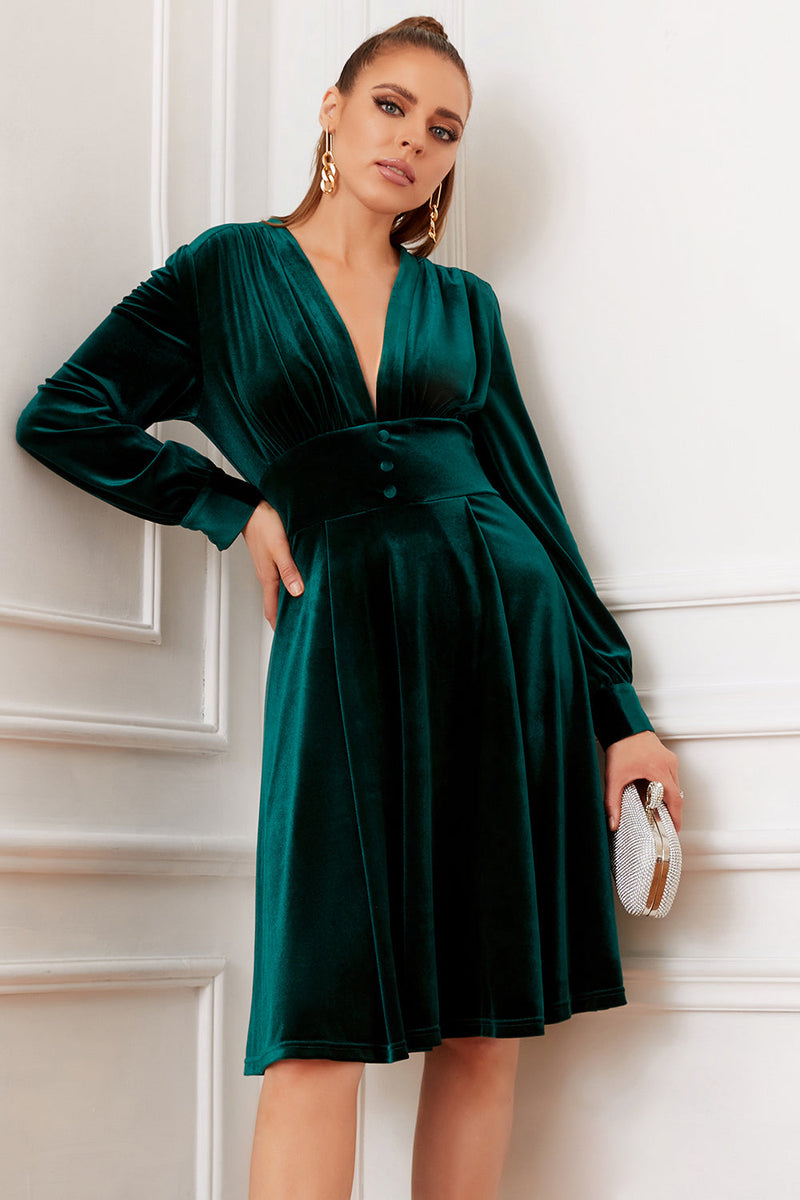 Load image into Gallery viewer, Dark Green Velvet Party Dress With Long Sleeves