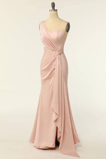 Mermaid One Shoulder Blush Long Bridesmaid Dress with Ruffles