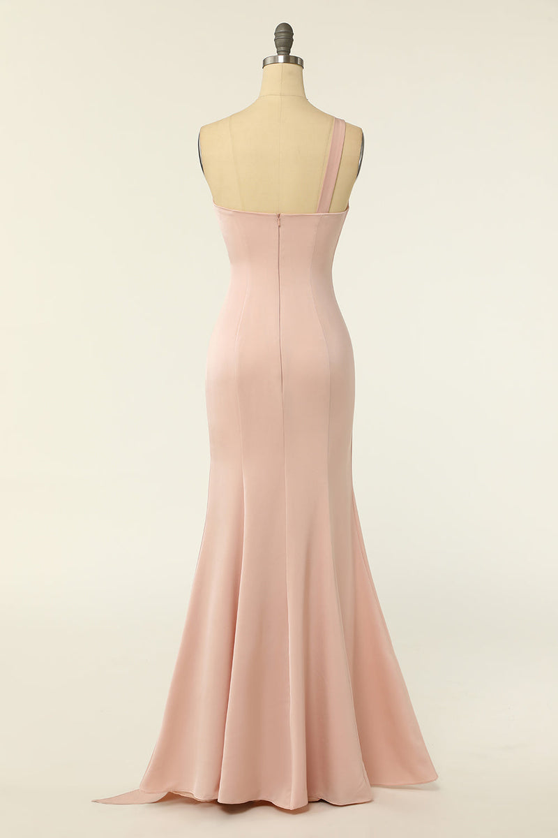 Load image into Gallery viewer, Mermaid One Shoulder Blush Long Bridesmaid Dress with Ruffles