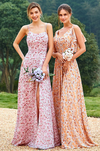 Pink Floral Print Bridesmaid Dress