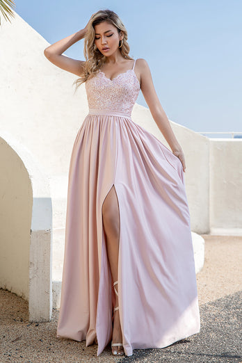 Spaghetti Straps Blush Prom Dress with Slit