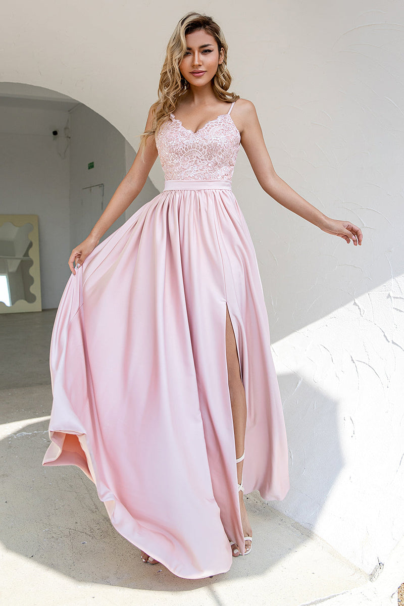 Load image into Gallery viewer, Spaghetti Straps Blush Prom Dress with Slit