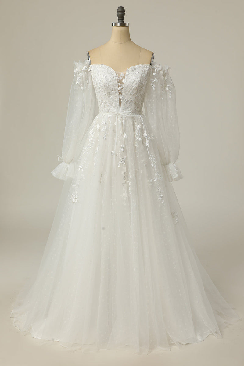 Load image into Gallery viewer, Luxurious A Line Off the Shoulder White Wedding Dress with Appliques