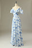 Load image into Gallery viewer, A Line Off the Shoulder Blue Floral Print Long Bridesmaid Dress