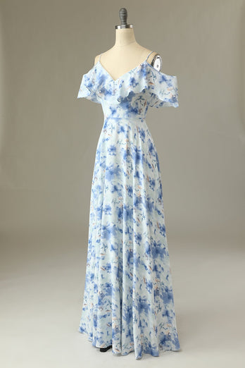 A Line Off the Shoulder Blue Floral Print Long Bridesmaid Dress