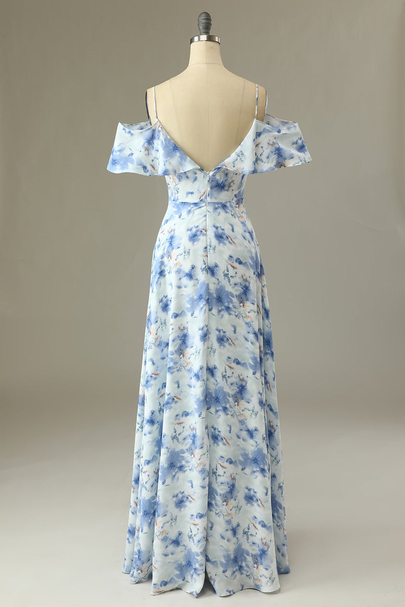 Load image into Gallery viewer, A Line Off the Shoulder Blue Floral Print Long Bridesmaid Dress