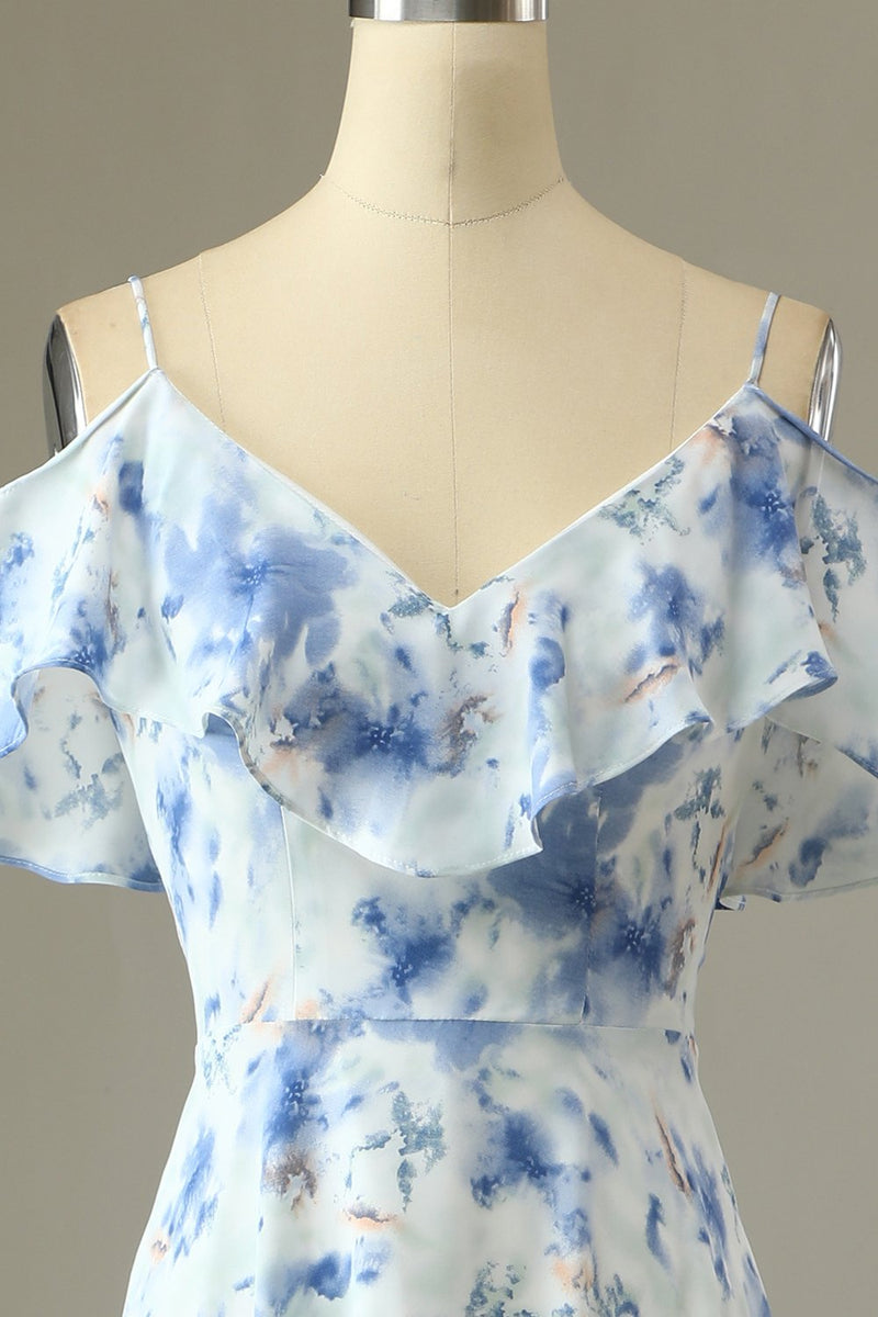 Load image into Gallery viewer, A Line Off the Shoulder Blue Floral Print Long Bridesmaid Dress