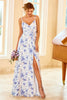 Load image into Gallery viewer, Blue Sheath/Column Spaghetti Straps Floral Print Bridesmaid Dress