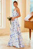 Load image into Gallery viewer, Blue Sheath/Column Spaghetti Straps Floral Print Bridesmaid Dress