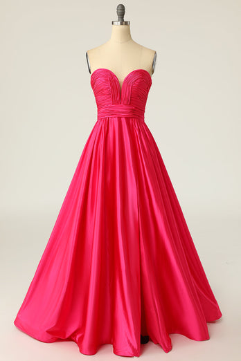 A-Line Sweetheart Fuchsia Long Prom Dress with Ruched