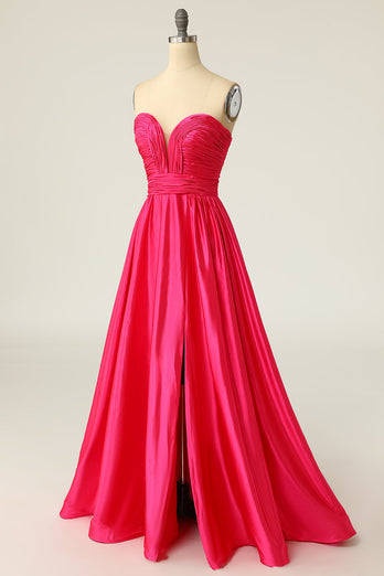 A-Line Sweetheart Fuchsia Long Prom Dress with Ruched