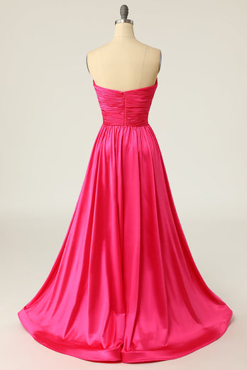 A-Line Sweetheart Fuchsia Long Prom Dress with Ruched