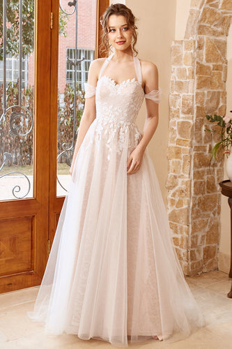 Elegant A Line Halter White Long Wedding Dress with Appliques