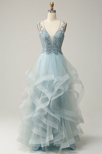 A-Line Deep V Neck Light Blue Long Prom Dress with Appliques