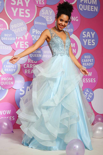 A Line Deep V Neck Light Blue Long Beaded Prom Dress with Appliques