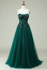 Load image into Gallery viewer, A Line Spaghetti Straps Dark Green Corset Prom Dress with Appliques