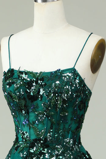 A Line Spaghetti Straps Dark Green Corset Prom Dress with Appliques