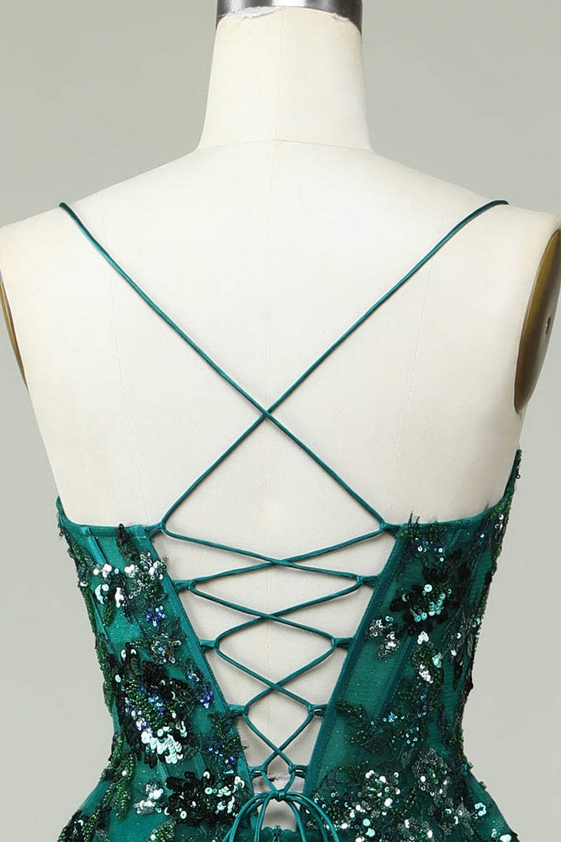 Load image into Gallery viewer, A Line Spaghetti Straps Dark Green Corset Prom Dress with Appliques