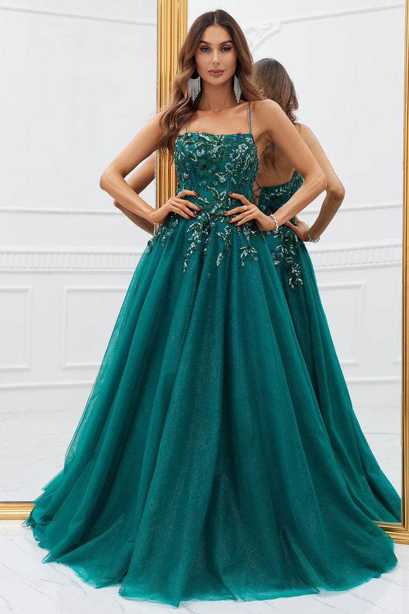 Load image into Gallery viewer, Sparkly Dark Green Tulle Long Prom Dress with Appliques