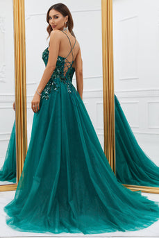 Sparkly Dark Green Tulle Long Prom Dress with Appliques