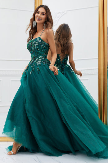 Sparkly Dark Green Tulle Long Prom Dress with Appliques