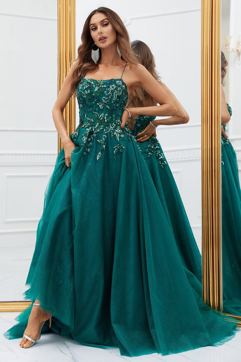 Load image into Gallery viewer, Sparkly Dark Green Tulle Long Prom Dress with Appliques