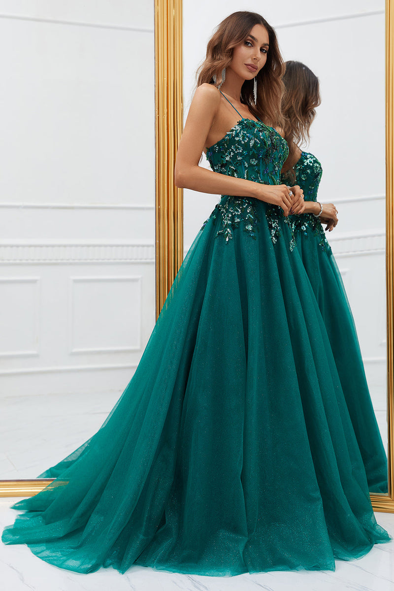 Load image into Gallery viewer, Sparkly Dark Green Tulle Long Prom Dress with Appliques