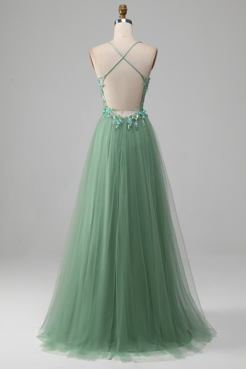 Load image into Gallery viewer, Sparkly Green A-Line Spaghetti Straps Corset Prom Dress With Appliques