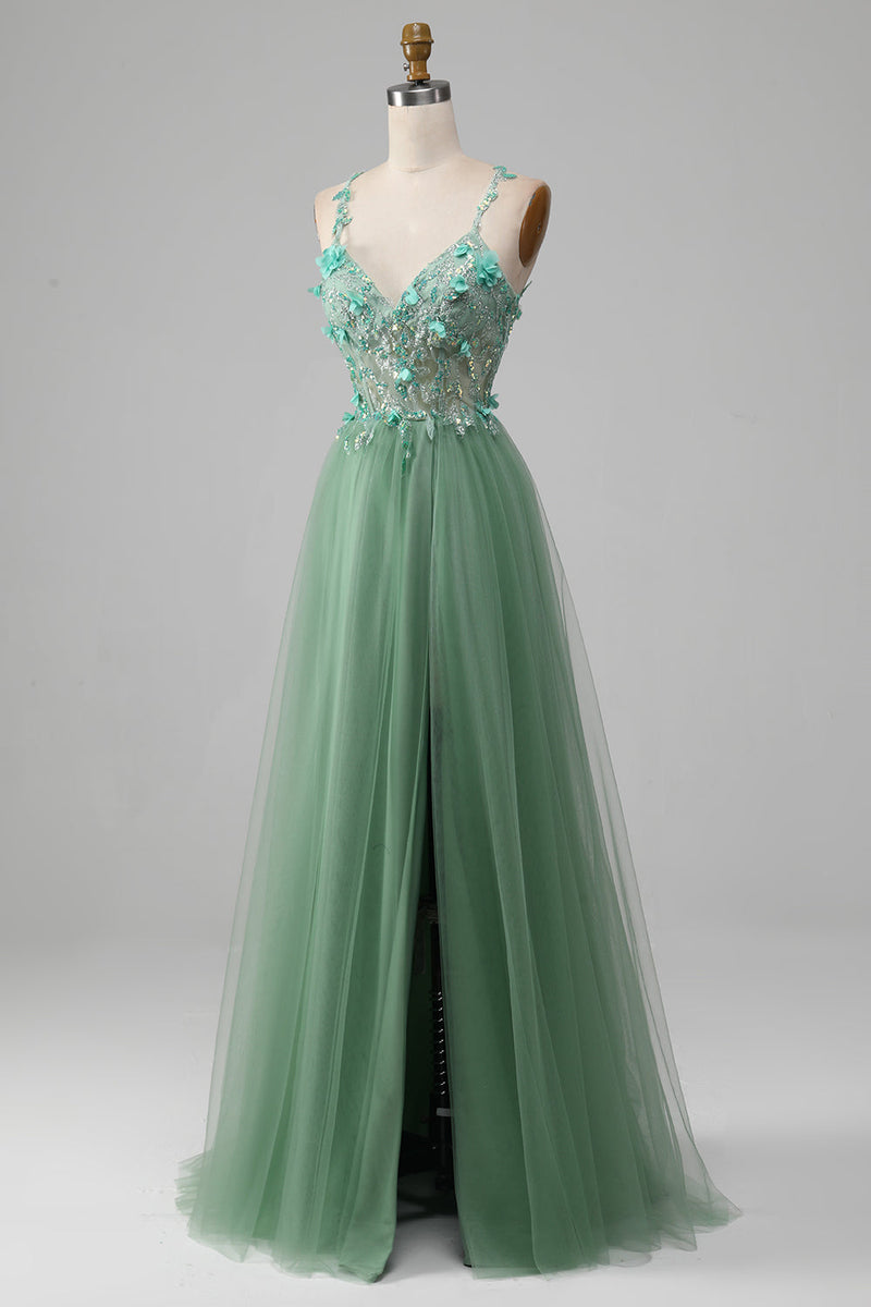 Load image into Gallery viewer, Sparkly Green A-Line Spaghetti Straps Corset Prom Dress With Appliques