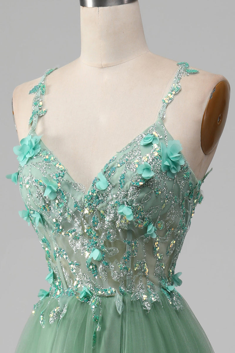 Load image into Gallery viewer, Sparkly Green A-Line Spaghetti Straps Corset Prom Dress With Appliques