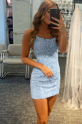 Sky Blue Short Tight Party Dress with Lace Beading