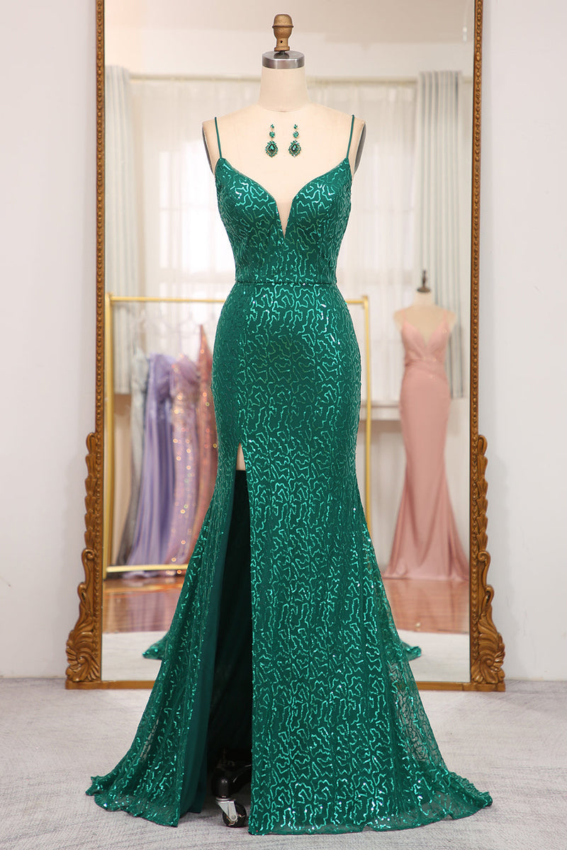 Load image into Gallery viewer, Glitter Dark Green Mermaid Long Prom Dress With Slit