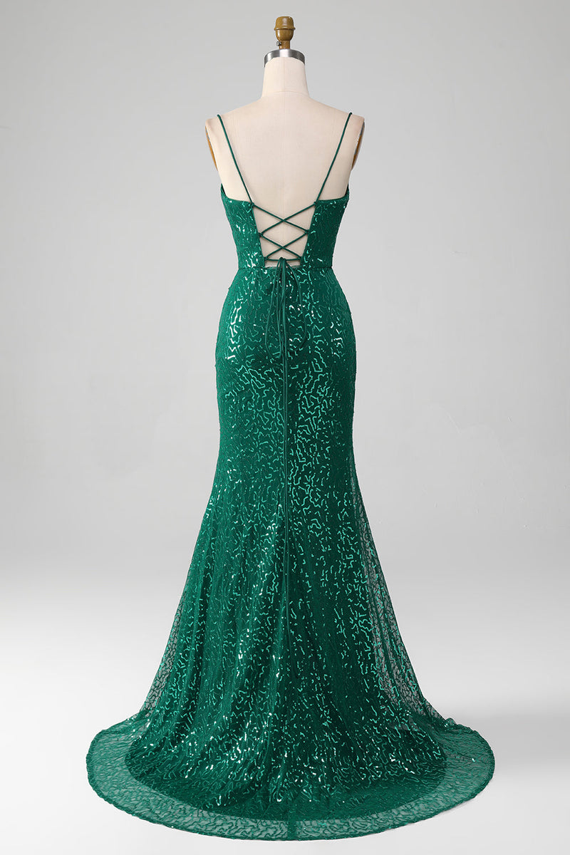 Load image into Gallery viewer, Sparkly Dark Green Beaded Sequins Long Prom Dress with Slit