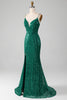 Load image into Gallery viewer, Sparkly Dark Green Beaded Sequins Long Prom Dress with Slit