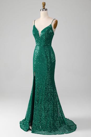 Sparkly Dark Green Beaded Sequins Long Prom Dress with Slit