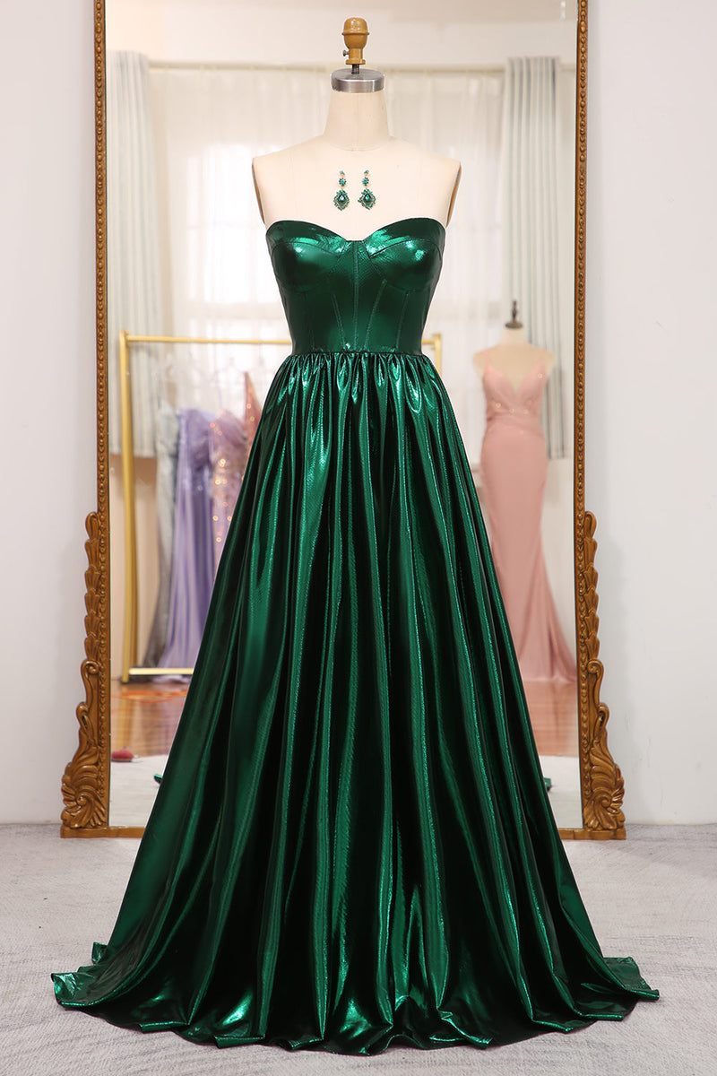 Load image into Gallery viewer, Sparkly Dark Green A Line Strapless Long Pleated Prom Dress