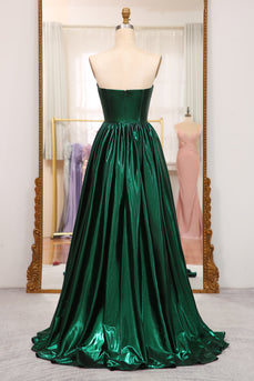 Sparkly Dark Green A Line Strapless Long Pleated Prom Dress