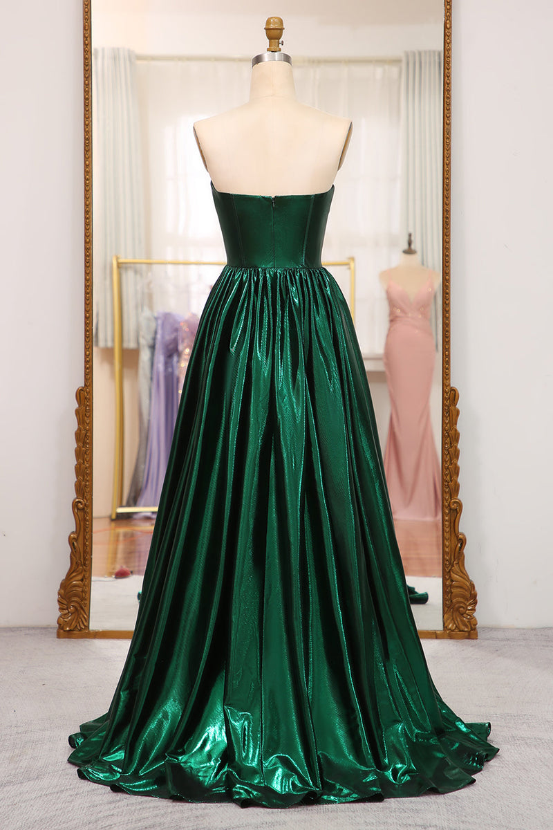 Load image into Gallery viewer, Sparkly Dark Green A Line Strapless Long Pleated Prom Dress