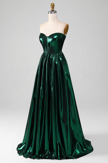 Glitter Dark Green Corset Metallic Long Prom Dress